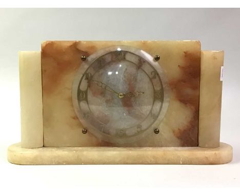 ONYX AND BRASS MANTEL CLOCK, ALONG WITH THREE OTHER CLOCKS  comprising a brass carriage clock and two travel clocksonyx clock