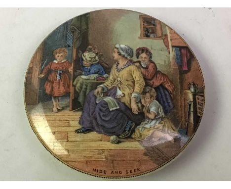 GROUP OF FOUR PRATTWARE POT LIDS, along with a Victorian print