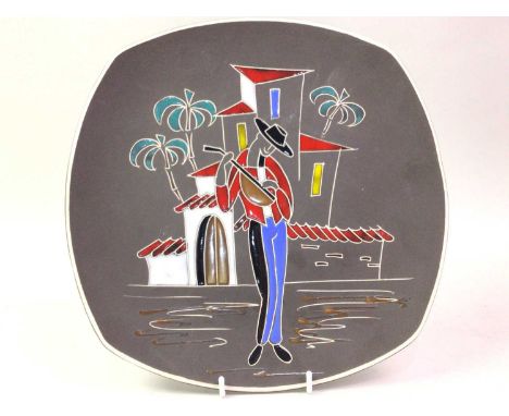 RETRO NORWEGIAN CHARGER, of rounded square form and with Picasso-like design depicting a mandolin player in coloured enamels2