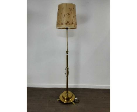 BRASS FLOOR LAMP, adjustable converted, on circular base with shade 150cm high
