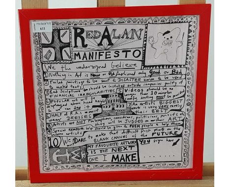 GRAYSON PERRY RA (BRITISH b. 1960), RED ALAN MANIFESTO, print on servietteframed and under glass36.5cm x 36.5cm overal