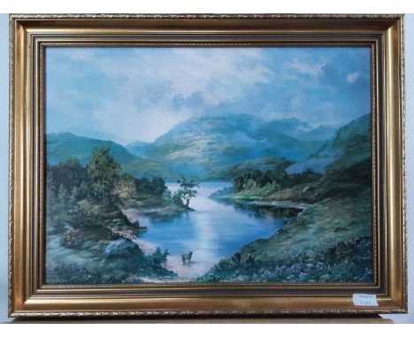 LANDSCAPE PRINT, ALONG WITH A CANDLE HOLDER AND A PORTRAIT the portrait in a gilt frame, oil on canvasportrait 54cm x 44cm