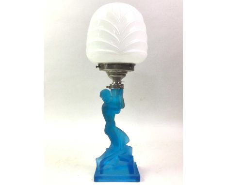 ART DECO WALTHER AND SOHNE BLUE GLASS TABLE LAMP, 20TH CENTURY modelled as a female figure holding a shade38.5cm highTarnishi
