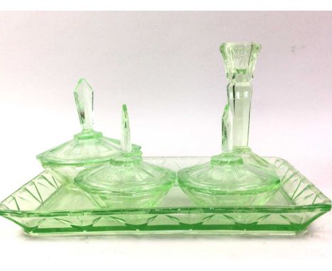 ART DECO URANIUM GLASS DRESSING TABLE SET, ALONG OTHER ITEMS WITH A WATERFORD CLOCK comprising a Waterford clock and a Poole 