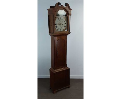 OAK LONGCASE CLOCK, the face with printed hunting scene, R Marshall, Long Row204cm highThere are no weights or a pendulum. Fu