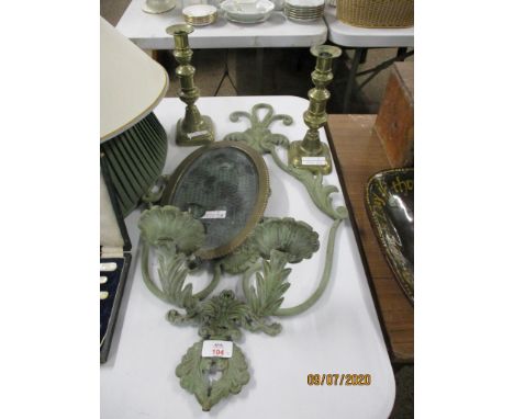 MODERN METAL LIGHT FITTINGS, PAIR OF VICTORIAN BRASS CANDLESTICKS 