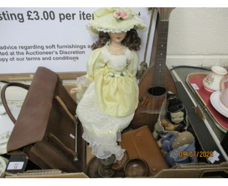 BOX LARGE MODERN DOLL, MANDOLIN, TOYS, MUSIC CASE AND CONTENTS ETC 