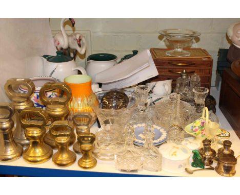 Brass bell weights, silver cruet, glassware, Denby Greenwheat, Wein flamingo group, Poole vase, etc