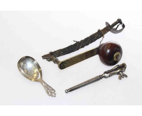 Clock key, caddy spoon, clamp and tiny sword (4)