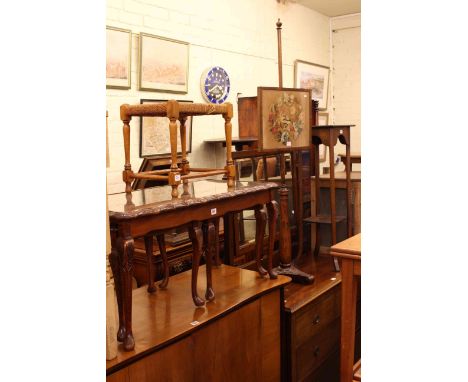 Rectangular nest of cabriole leg tables, turned leg stool, Victorian rosewood pole screen, oak plant stand, magazine table, t