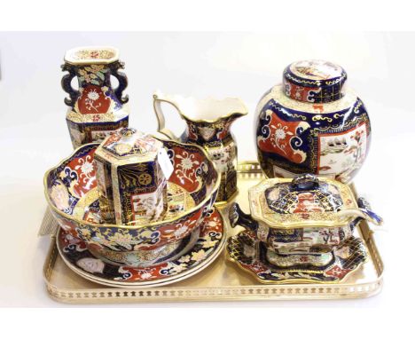 Eight pieces of Masons 'Double Landscape' china including ginger jar, tureen, cover and stand, vase, jug, caddy, bowl and two