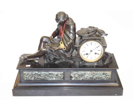 Victorian slate and marble mantel clock mounted with scholar and circular enamel dial, H. Marc, Paris