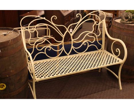 Metal scroll arm and scrolled panel back garden bench