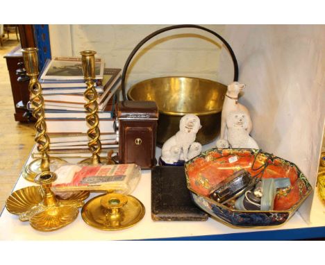 Woodwork and carpentry books, pair of brass candlesticks, two chamber sticks and jam pan, Yashika-D camera, Staffordshire dog
