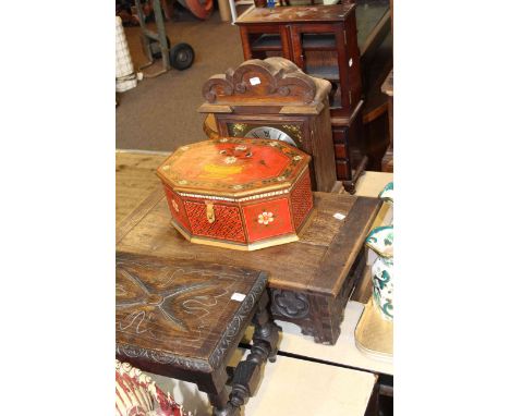 Small apprentice mahogany kitchen press, mantel clock, box stool, small stool and jewellery box