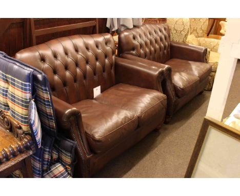 Pair Thomas Lloyd brown leather button backed two seater settees