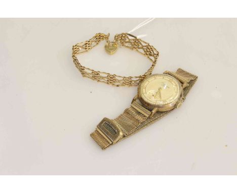 J.W. Benson gents wrist watch, 9 carat gold gate bracelet, silver brooch, badge, etc