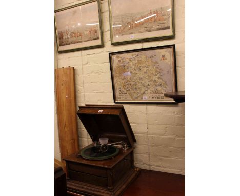 Columbia 'Savoy' table top grafonola, Leak and Thorp Ltd map of Yorkshire and pair of Henry Alken hunting prints (4)