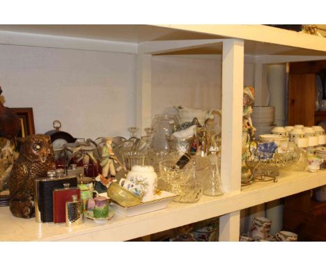 Bisque figure, Ironstone Broadhurst dinner and teaware, glass, china, two clocks, etc