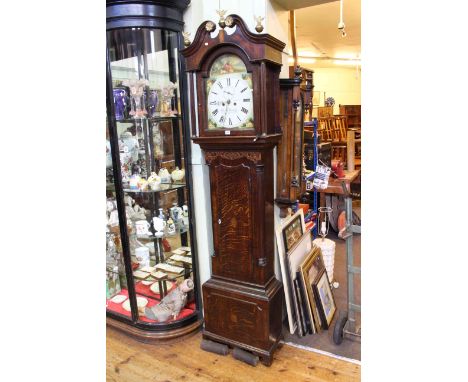 Antique oak eight day longcase clock, having painted arched dial, signed John Longstaff, Bishop Auckland