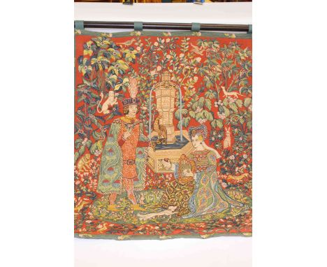 Tapestry 'Le Roman de la Rose' on wooden plinth