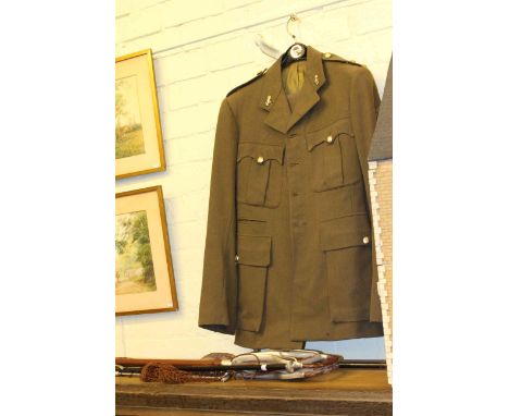 Army uniform, shooting stick, walking cane and landing net