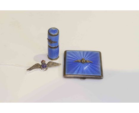 RAF silver and blue enamel compact and lipstick, and a badge (3)