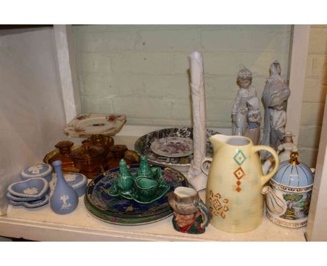 Nao figures, Doulton 'The Poacher' character jug, Wedgwood Jasperware, novelty teapots, amber glass trinket set, etc