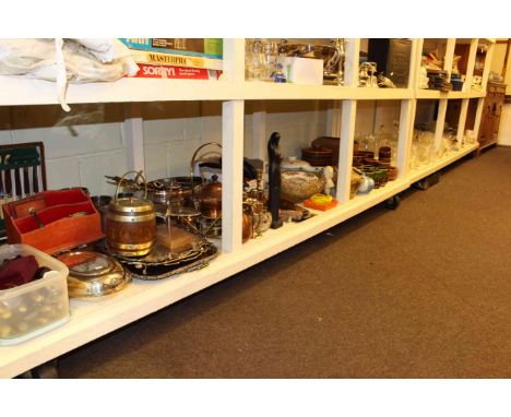 Full shelf of metalware, glassware, china, Hornsea teaware, canteen of cutlery, etc