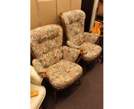 Pair Ercol armchairs in tapestry fabric
