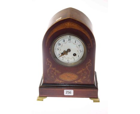 Edwardian inlaid mahogany mantel clock on brass ogee feet