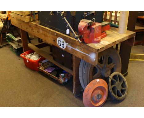 Work bench and vice, four wheels and two trunks