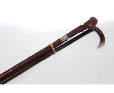 Silver mounted walking stick, leather plaited and wood canes