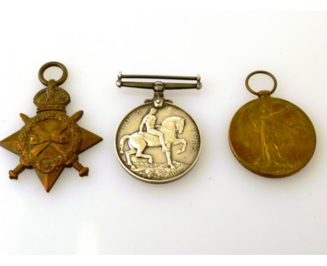 3 FIRST WORLD WAR MEDALS - VICTORY MEDAL, WAR MEDAL AND 1914-15 STAR AWARDED TO 14769 PTE. E. THACKRAY YORKS. L.I.