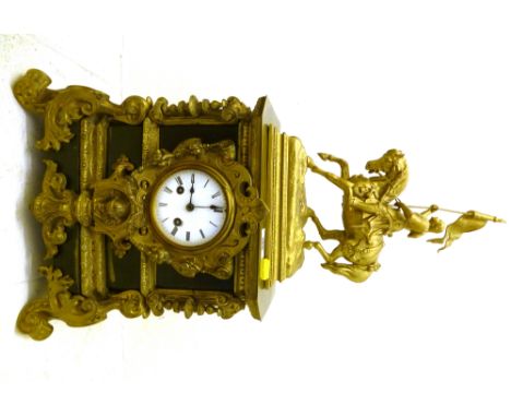 FRENCH GILT AND SLATE 2 HOLE MANTLE CLOCK WITH 'MUDESSE MARBRIER BREVETE' NAMEPLATES