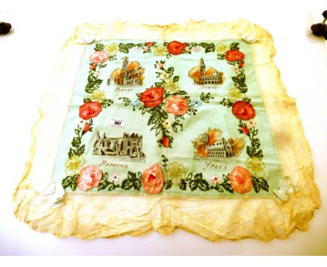 FIRST WORLD WAR MEMORIAL CLOTH WITH FLOWER DECORATIONS