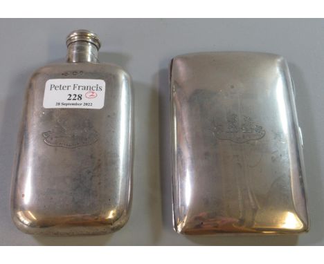 Silver hip flask of rectangular form, 4.89 troy ozs approx. Together with a silver cigarette case, 5.4 troy ozs approx. Both 