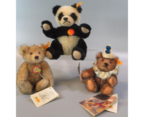 Three Steiff teddy and miniature teddy bears, to include: 'Panda 15' in original box, 'Petsy 1928' and 'Teddy Clown 1926'.  (