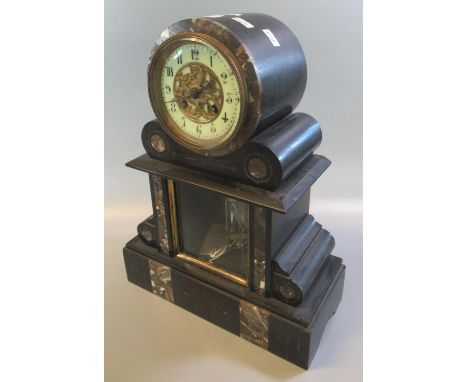 Late 19th/early 20th century black slate and marble two train drum head mantle clock with ceramic Arabic chapter ring and exp