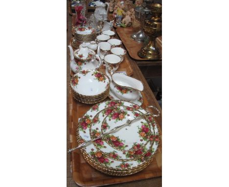 Two trays of Royal Albert ‘Old Country Roses’ part teaware: six cups and saucers, six tea plates, six bowls, six dinner plate