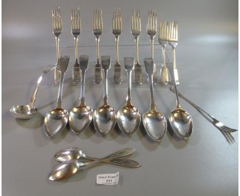 A bag of silver and silver plated cutlery to include; silver ladle, spoons etc. (B.P. 21% + VAT) 