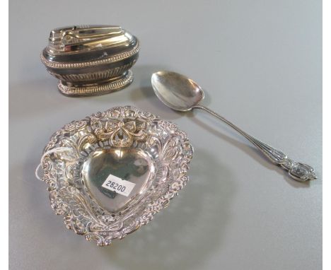 Art Nouveau silver commemorative spoon by 'PE &amp; Sons', together with a silver heart shaped bonbon dish and a 'Ronson' tab