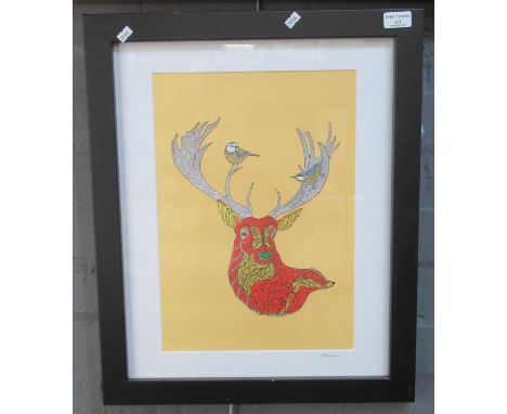 After P.A Robbins, stag's head with other animals and birds, coloured print, signed to the mount in pencil. 40 x 29cm approx.