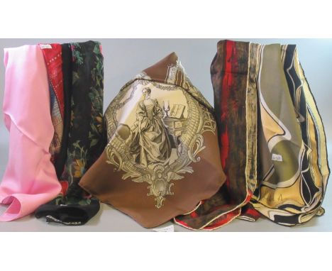 Hermes Paris Louis XV pattern Phillipe Ledoux silk scarf, together with five other silk scarves; a plain pink by Ascher, Jacq