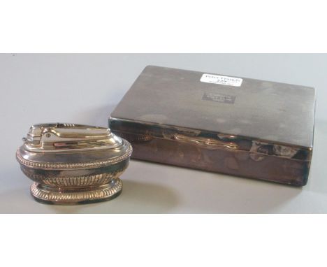 Silver plated engine turned cigarette box marked 'Cardigan Golf Club 1966', together with a 'Ronson' silver plated table ligh