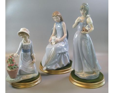 Lladro Spanish porcelain figurine of young girl kneeling with a pot of flowers, together with a Nao and another Spanish porce