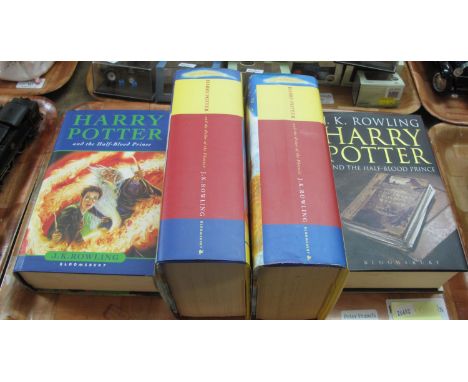 Four copies of first edition of Harry Potter books: two copies of 'Harry Potter and the Half Blood Prince' with rare '10 owls