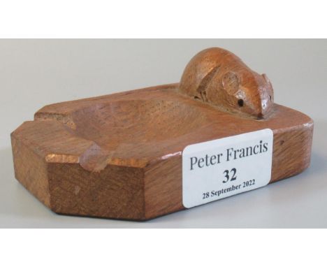 Robert Thompson 'Mouseman', carved and moulded oak ash tray with mouse figure. 10cm across approx. (B.P. 21% + VAT)