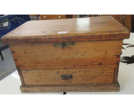 19th century pine box/trunk of small proportions with brass loop carrying handles.  49x30x31cm approx.   (B.P. 21% + VAT) 
