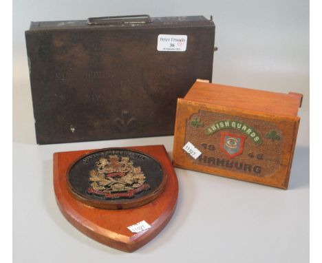 Wooden cigarette box with carved and painted decoration 'Irish Guards, 1946 Hamburg' with shamrock motifs, 14.5cm wide approx